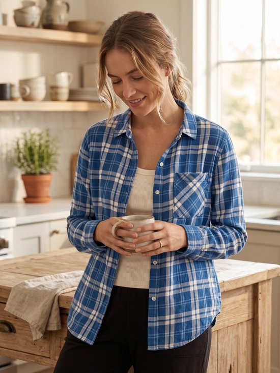 Garage Tops - Garage Women’s Blue and White Plaid Button Down Shirt